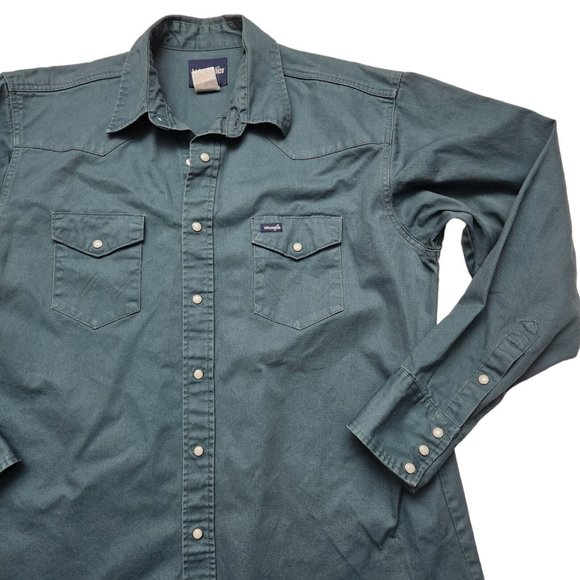 Vintage Wrangler Blue Green Bushpopper Heavy Denim Pearl Snap Long Sleeve - Picture 5 of 7